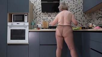 Curvy Wife In Nylon Pantyhose Serves Up Breakfast And A Sexy Show